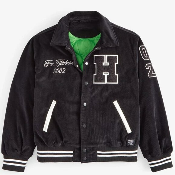 BNWT Hudson Jeans Corduroy Varsity Jacket Black White Kelly Green Medium - Picture 3 of 4